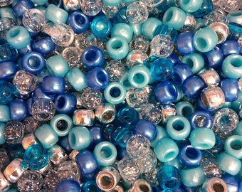 100 Mermaid Pony Beads Mix Dummy Seaglass Green Blue Glitter Matte Clear