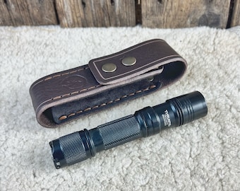 May include: A black flashlight with the text "ThruNite" and "TC12" printed on the side, resting on a brown faux fur surface. A brown leather case with a stitched edge and two brass rivets is also in the image.