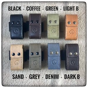 May include: Eight leather pouches in different colors, including black, coffee, green, light brown, sand, grey, denim, and dark brown. Each pouch has two metal snaps and a stitched design.