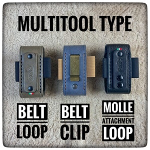 May include: Three different types of multitool carrying options: a brown leather belt loop, a blue belt clip, and a black molle attachment loop. Each option features the text "edc" on the front.