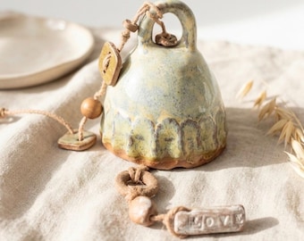 Handmade Ceramic Wind Chime Rustic Clay Bell with LOVE Charm Stoneware Boho Windchime Unique Ceramic Hanging Bell Wabi Sabi Garden Decor