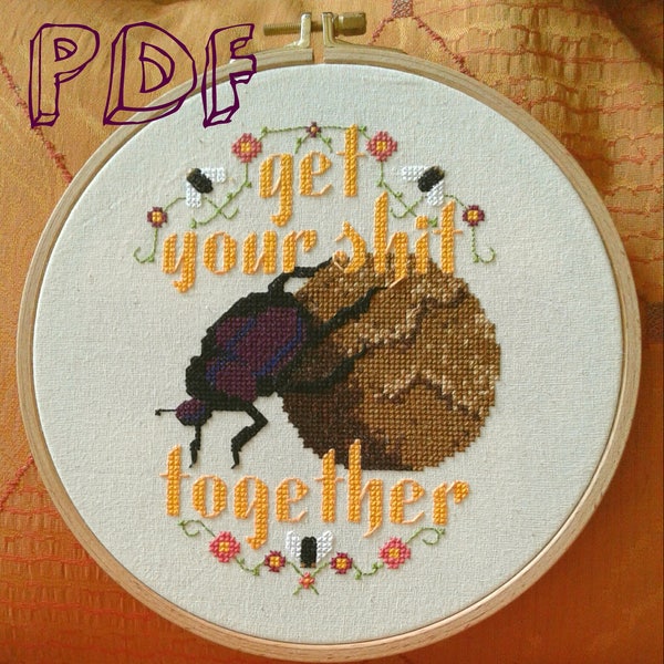 Rude Dung Beetle Cross Stitch, Dung Beetle, PDF pattern, Cross Stitch, Embroidery, Insects, Bugs, Scarab Beetle, sciart, entomology