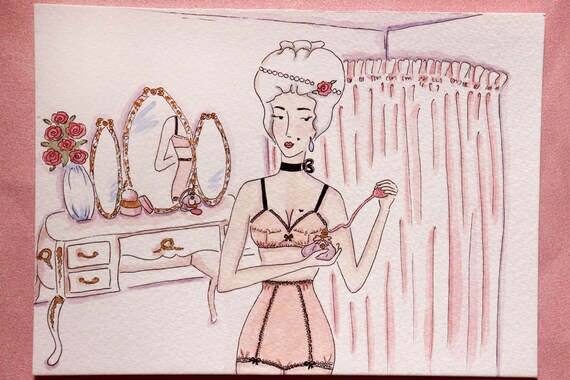 Original Watercolor Adult Art Artwork For Bedroom Rococo Illustration Erotic Art Marie Antoinette Style Lingerie Art Nudeart