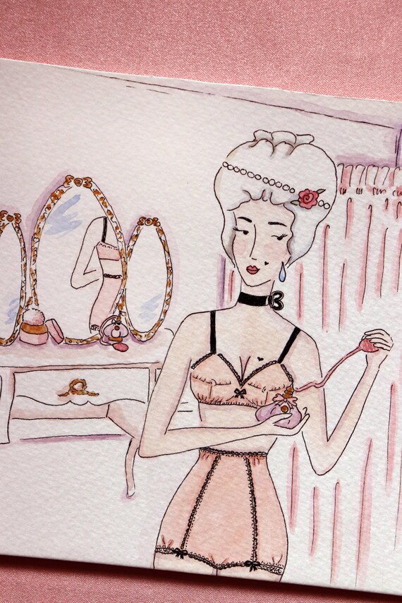 Original Watercolor Adult Art Artwork For Bedroom Rococo Illustration Erotic Art Marie Antoinette Style Lingerie Art Nudeart