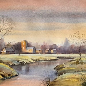 River Landscape, landscape paintings, watercolour painting, landscape scenery, river paintings, rivers, river reflections, water paintings