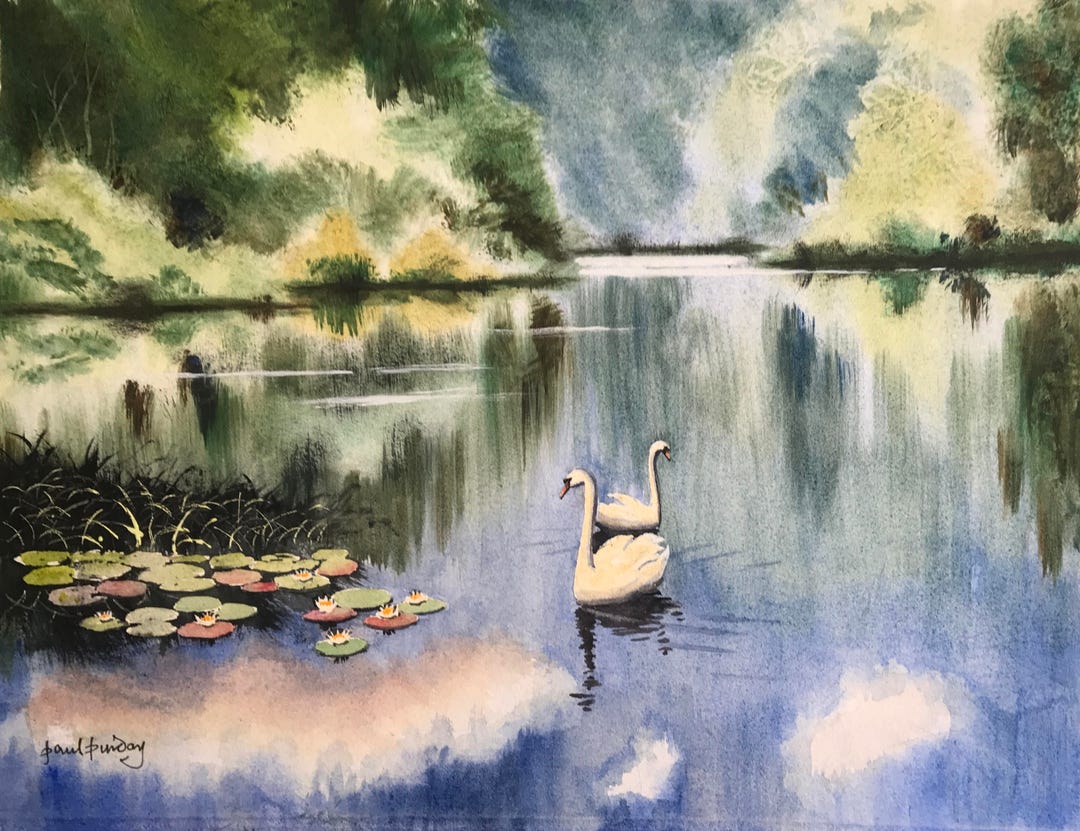 湖の白鳥、湖の絵画、白鳥、水景、反射、夏の風景、水彩画、田園地帯