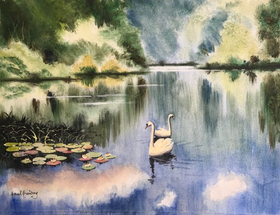 湖の白鳥、湖の絵画、白鳥、水景、反射、夏の風景、水彩画、田園地帯