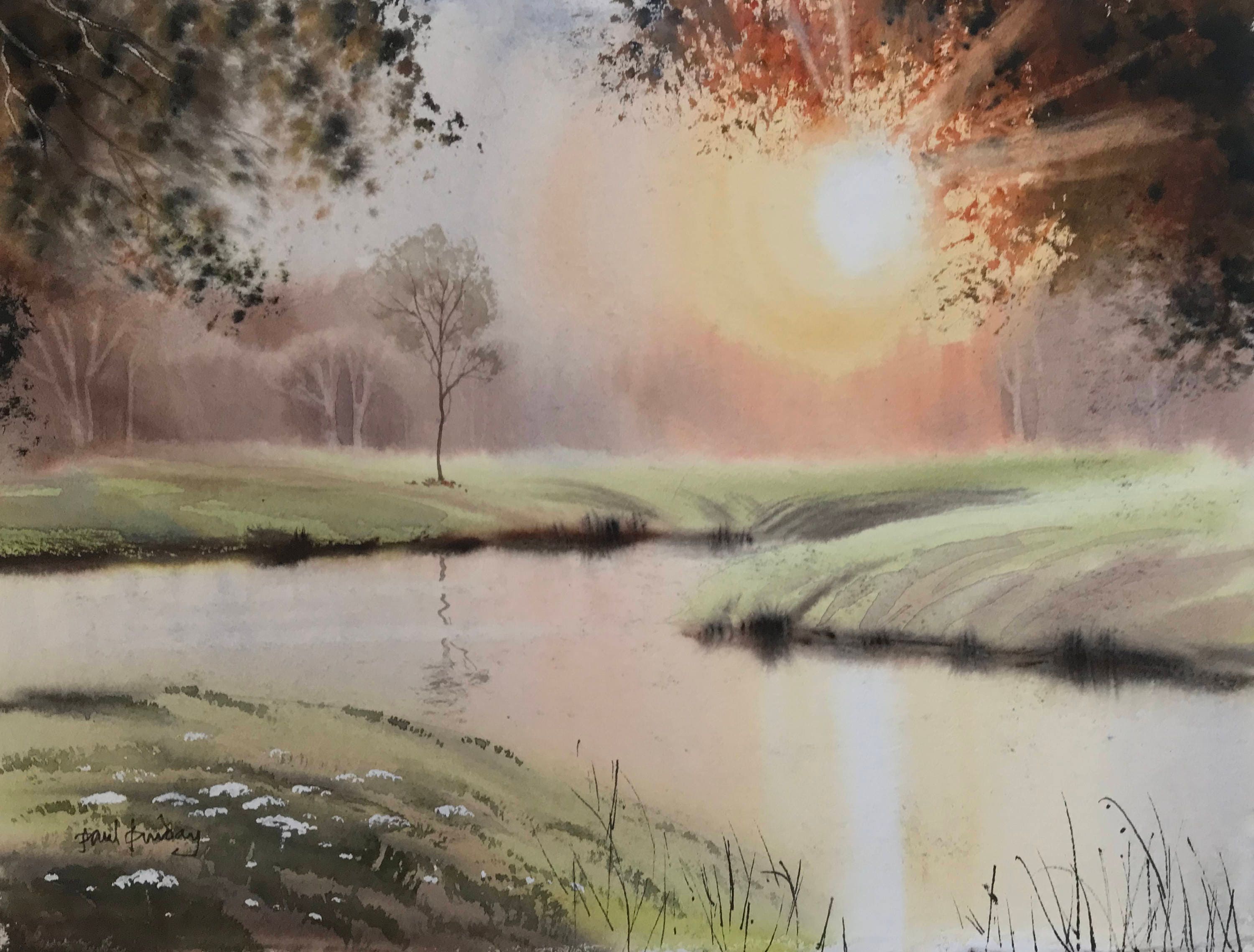 川の夕日、川の風景、川の絵画、水彩風景、水景、夕焼けの空、川の反射