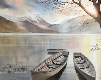 川沿いの散歩道、川の反射、緑の川、緑の葉、田園風景、水彩画、風景