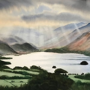 Derwentwater light, lake district, lake paintings, waterscapes, watercolour landscape, mountain paintings, mountain range, rural landscape.