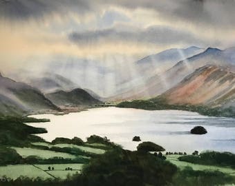 湖畔、湖の絵画、水景、水彩画、田園風景、田舎、水彩風景、オリジナル