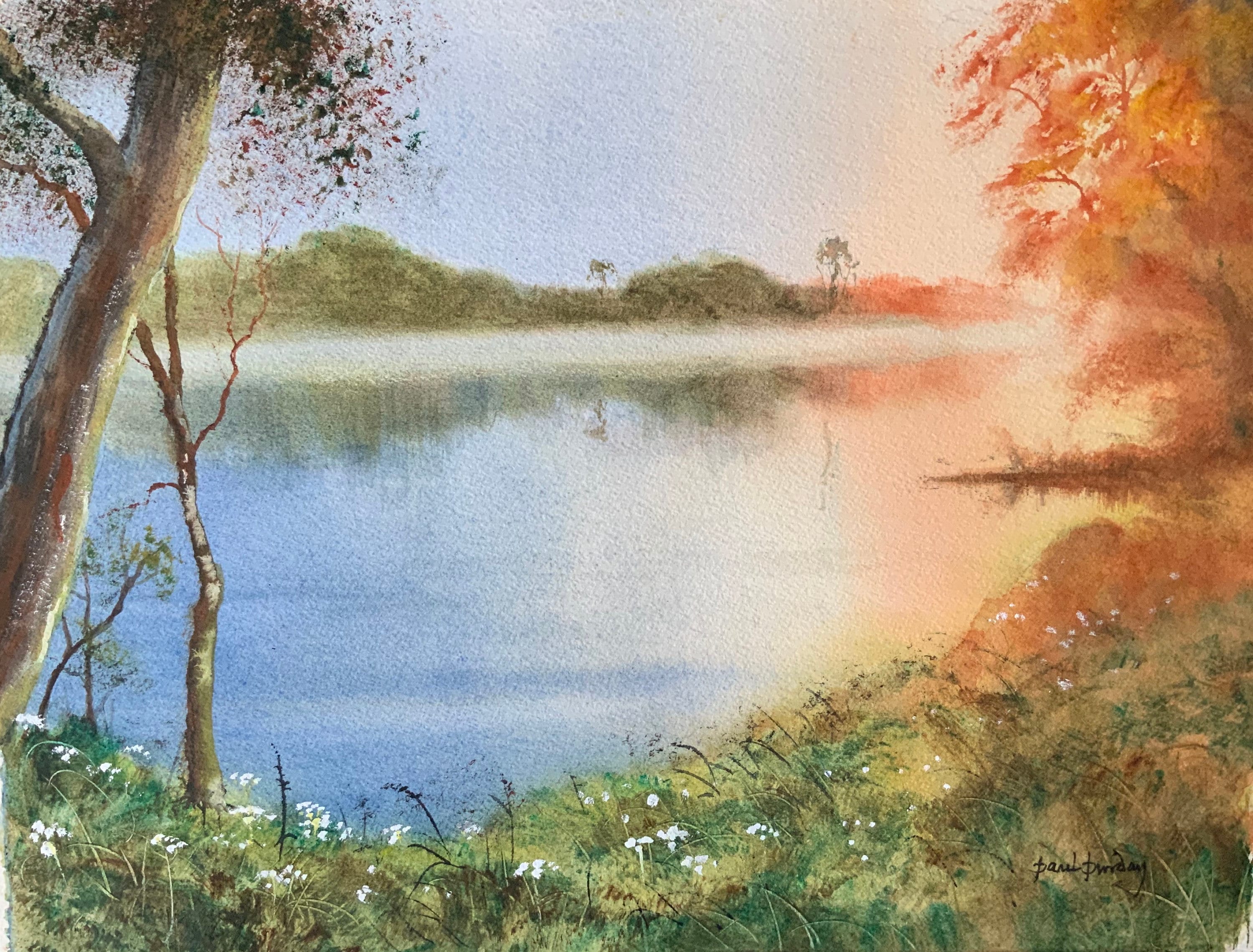 夕陽、川の絵画、水景、水彩画、川の風景、川の反射、夏の風景、川の