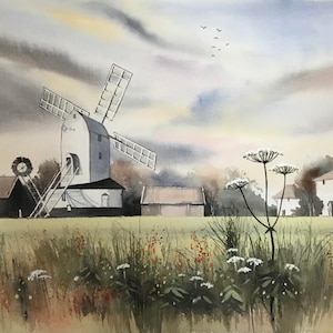 English mill, windmills, watercolour landscape, rural landscape, old buildings, countryside, village scenes, english watercolours, fields.