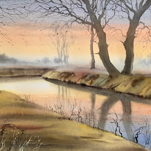 River Landscape, landscape paintings, watercolour painting, landscape scenery, river paintings, rivers, river reflections, water paintings