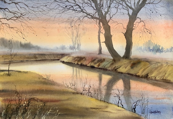 川の風景、風景画、水彩画、風景の風景、川の絵、川、川の反射、水彩画