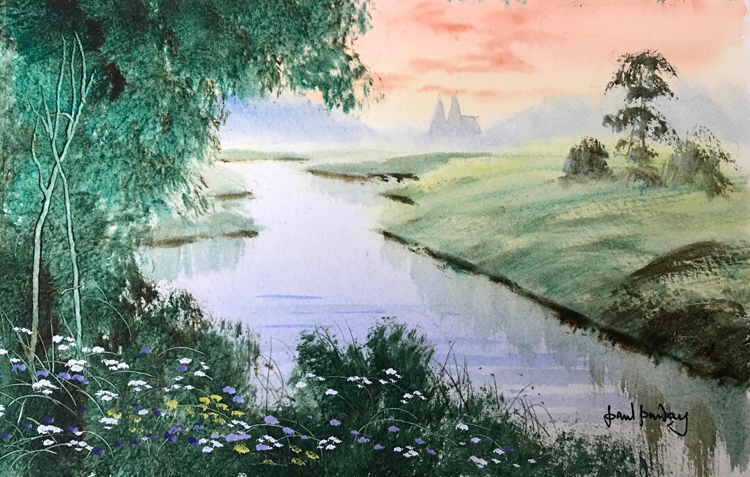 ケント川、水彩画の風景、ケント、オーストハウス、田園風景