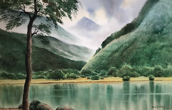 水彩画 山と湖の風景
