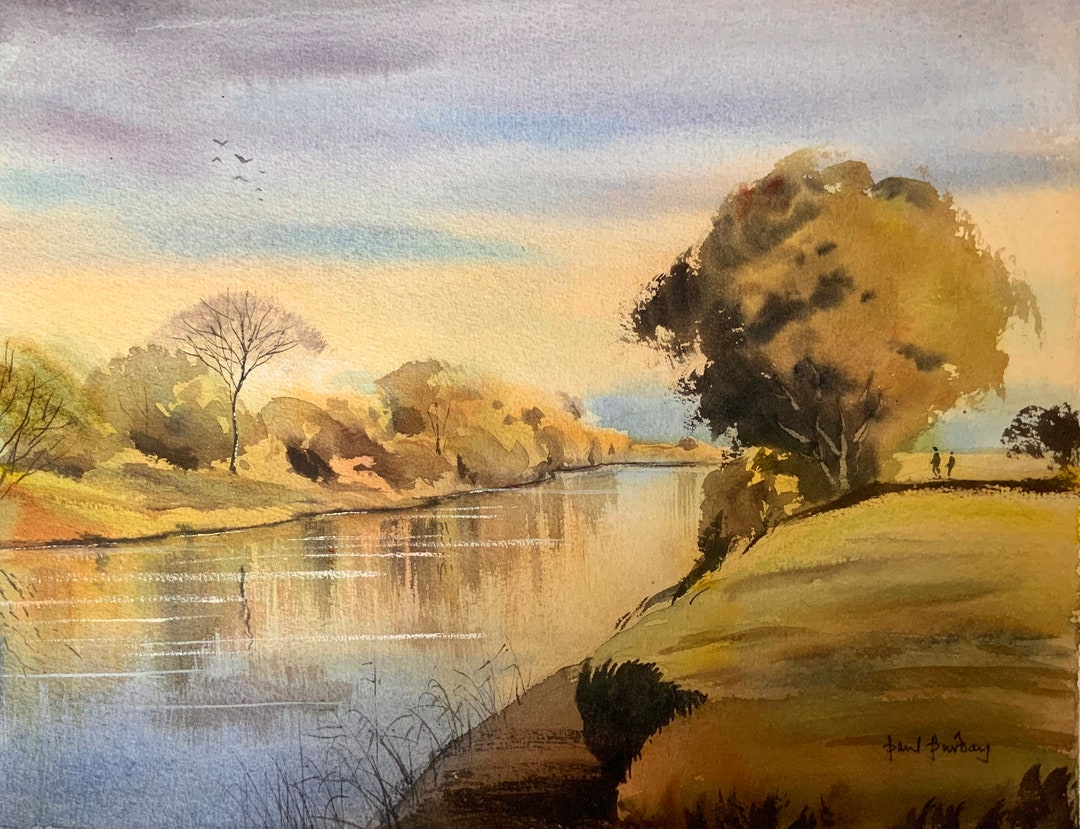 静かな川、風景画、水彩画、風景、川の風景、川の反射、川、水彩画