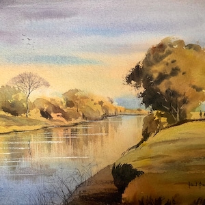 Tranquil River, landscape paintings, watercolour painting, landscape scenery, river landscape, river reflections, rivers, water paintings