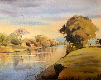 Tranquil River, landscape paintings, watercolour painting, landscape scenery, river landscape, river reflections, rivers, water paintings