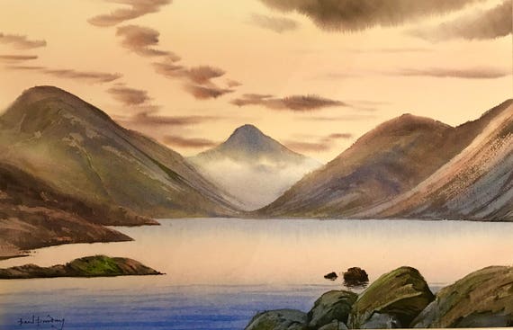 Wastwater cumbria, mountain paintings, lake district, lake paintings, waterscapes, watercolour landscape, mountain landscape, misty.