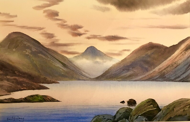 Wastwater cumbria, mountain paintings, lake district, lake paintings, waterscapes, watercolour landscape, mountain landscape, misty. image 1