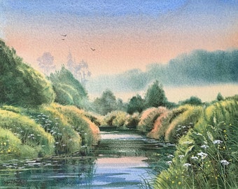 Quiet Stream, river paintings, waterscapes, green rivers, river landscape, river reflections, green foliage, summer landscape, misty