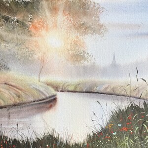 River bend, river  landscape, rivers, river paintings, watercolor landscape, countryside, sunsets, water paintings, summer flowers, trees.
