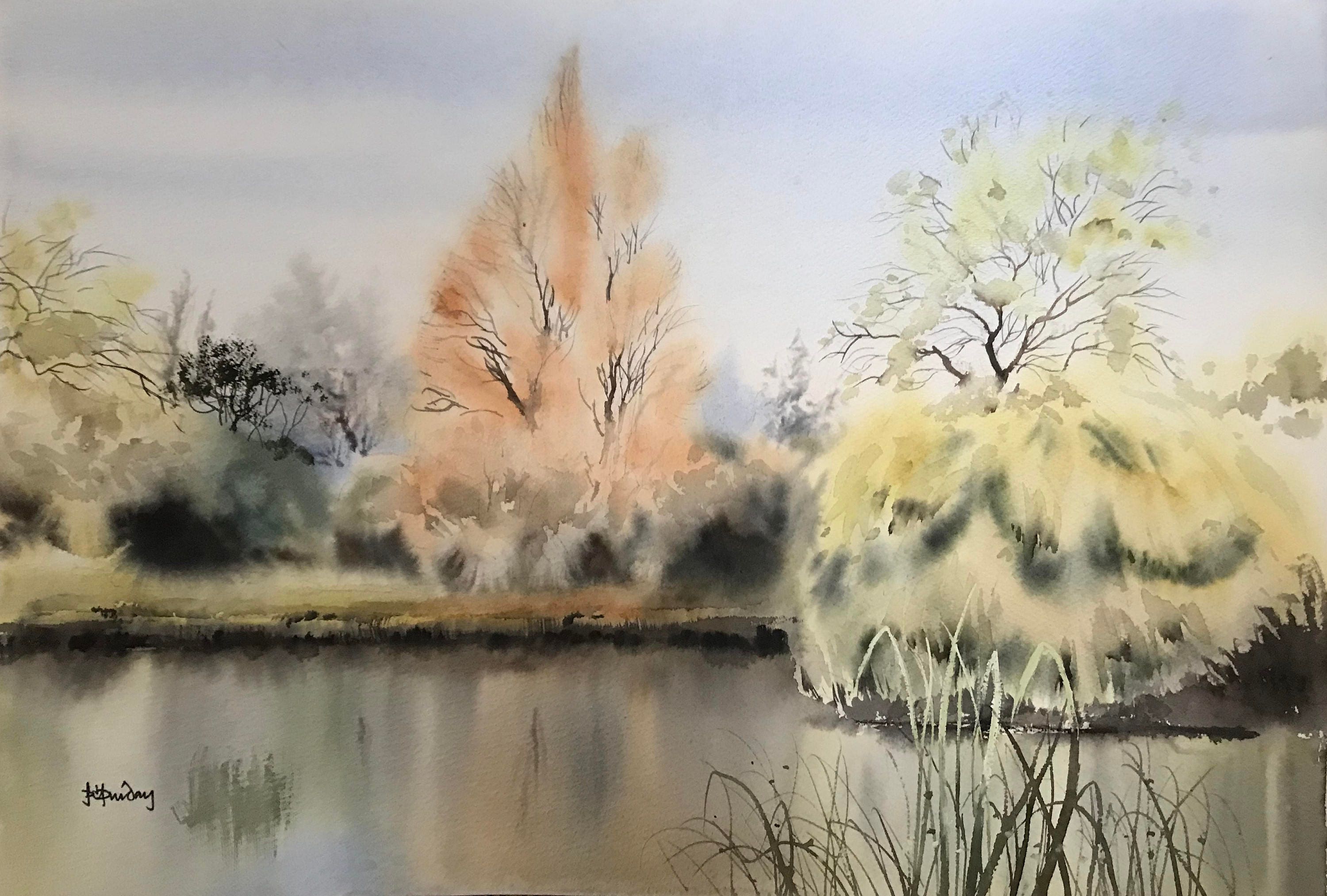 Watercolour Riverside Riverside Trees, River Paintings, River Reflections, Waterscapes, Rural ...