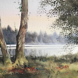 Lakeside, lake paintings, waterscapes, water paintings, rural landscape, countryside, watercolor landscape, original watercolour, trees.