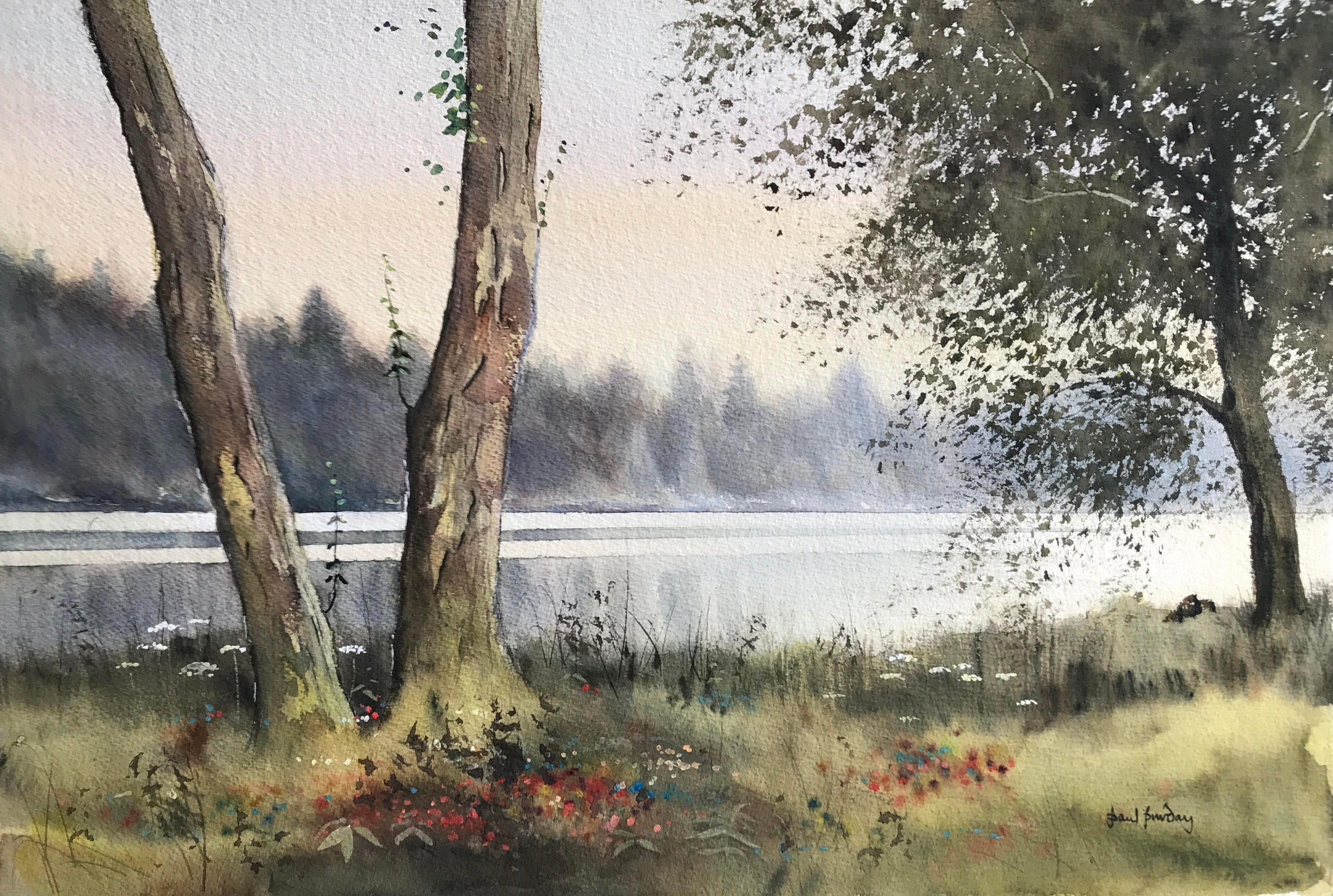 湖畔、湖の絵画、水景、水彩画、田園風景、田舎、水彩風景、オリジナル