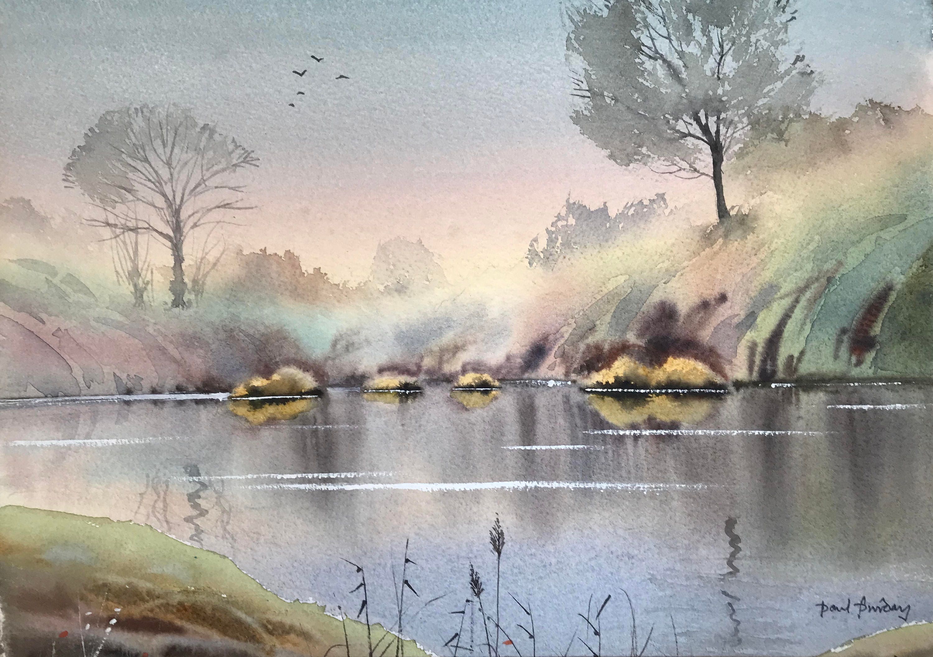 #H. Kimura サイン「新緑の水辺」 風景画 F3？4号額ヒーリングアート 水辺の霧、川の風景、川の反射、水辺の風景、霧のかかった風景、緑の川