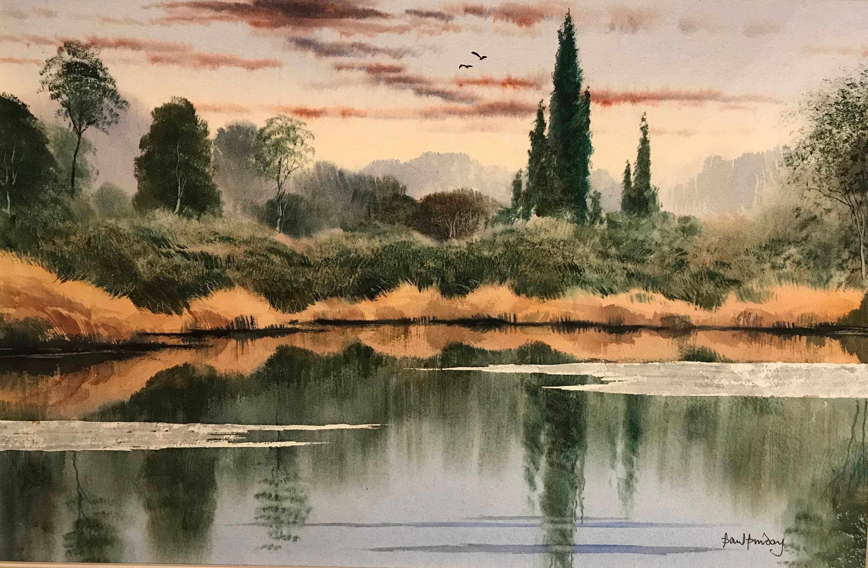 川の反射、川の風景、川の絵画、水景、水彩風景、田園、田舎の絵画