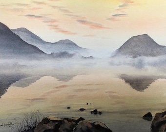 Mountain paintings, landscape watercolours, original paintings, misty mountains, lakeland paintings, wet in wet paintings, rising mist.