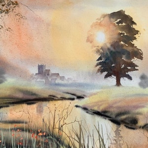 River Landscape, landscape paintings, watercolour painting, landscape scenery, river paintings, rivers, river reflections, water paintings