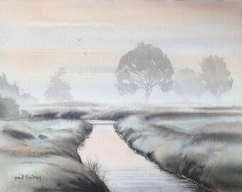 Winter river, winter, winter landscape, misty landscape, misty, river landscape, rivers, river paintings, wet in wet, landscape watercolojr.