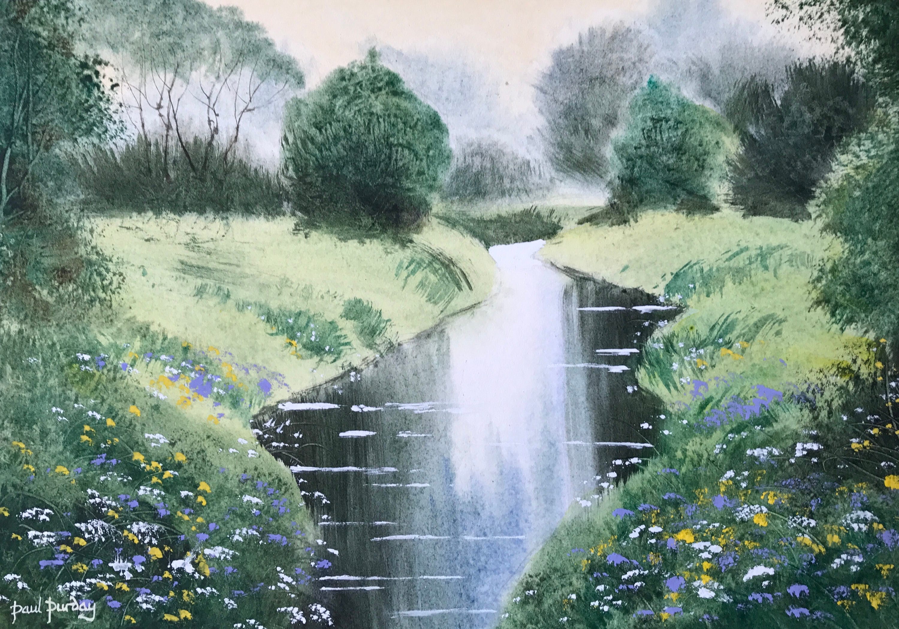 夏の川、川、川の絵画、川の風景、田園風景、田舎、夏の花、風景の