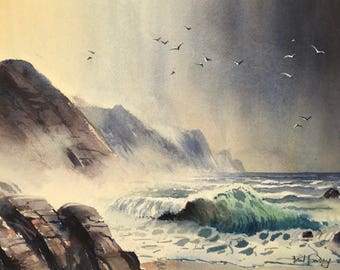湖畔、湖の絵画、水景、水彩画、田園風景、田舎、水彩風景、オリジナル