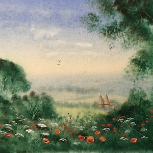 湖畔、湖の絵画、水景、水彩画、田園風景、田舎、水彩風景、オリジナル