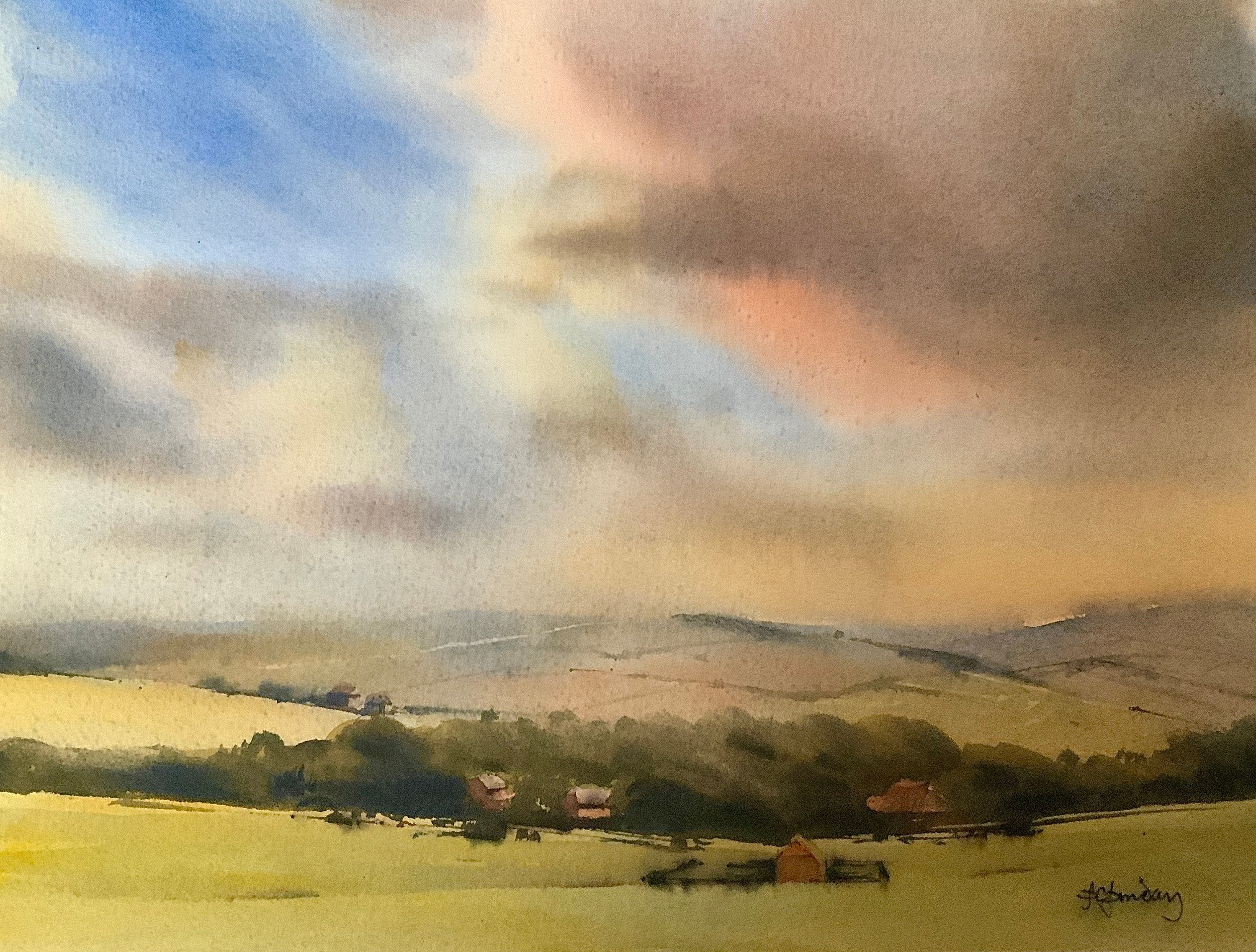 油絵 イギリス風景 大きな空、夏の空、夏の野原、イギリスの野原、イギリスの田舎、憂鬱な