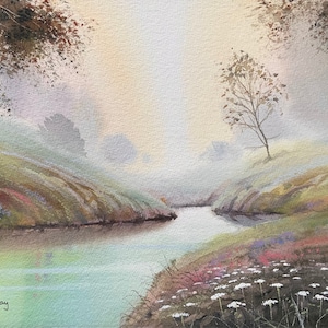 川の光、川の風景、水景、霧のかかった風景、夏の風景、緑の川、水彩画、霧のかかった絵、陰鬱な空