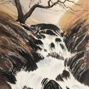 Lakeland waterfall, waterfalls, lake district, water paintings, lakeland scenery, landscape watercolour, original watercolours, rural, trees