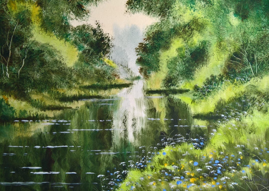 River Paintings, Landscape Paintings, Watercolour Paintings, Green ...