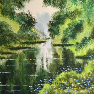 River paintings, landscape paintings, watercolour paintings, green rivers, river reflections,  english countryside, british countryside,.