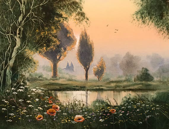 夏の夕日、夕方の光、イギリスの野原、イギリスの庭園、湖の絵画、田園