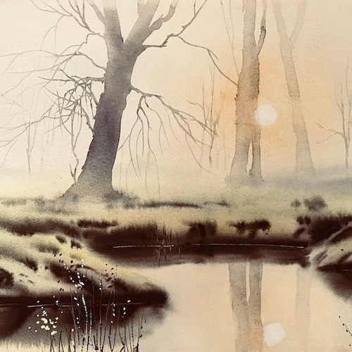 山の雄大さ、山の絵画、霧のかかった山々、霧のかかった絵画