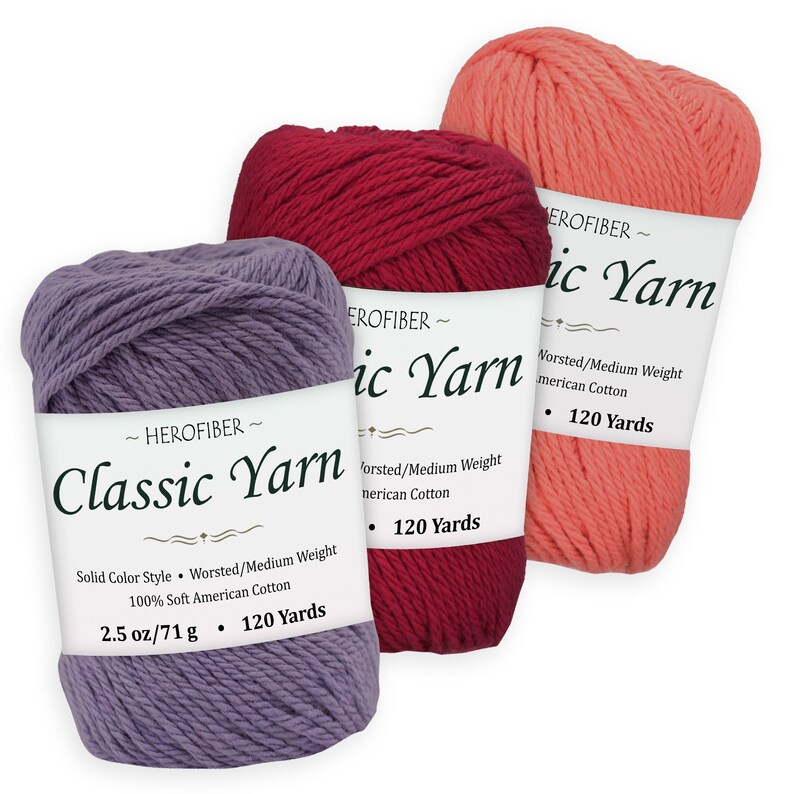 Cotton Yarn Crochet, | Iris Purple 3 Solid Colors Coral Bordeaux Red WorstedMedium Weight 2.5 oz Each Assortment for Knitting