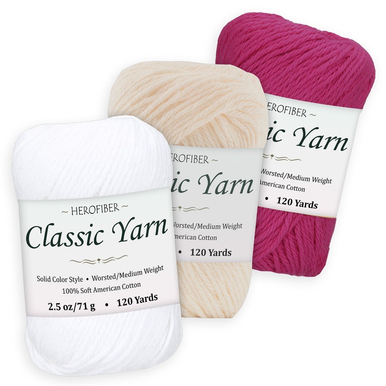 3 Solid Colors Hot Pink Parchment White | Snow White Cotton Yarn WorstedMedium Weight 2.5 oz Each Assortment for Knitting,