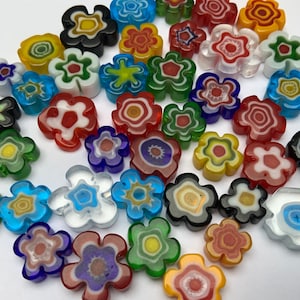 Colourful mix of handmade glass flower shaped millefiori beads (undrilled) for mosaics and other crafts (40 gr.)