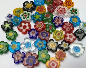 Colourful mix of handmade glass flower shaped millefiori beads (undrilled) for mosaics and other crafts (40 gr.)